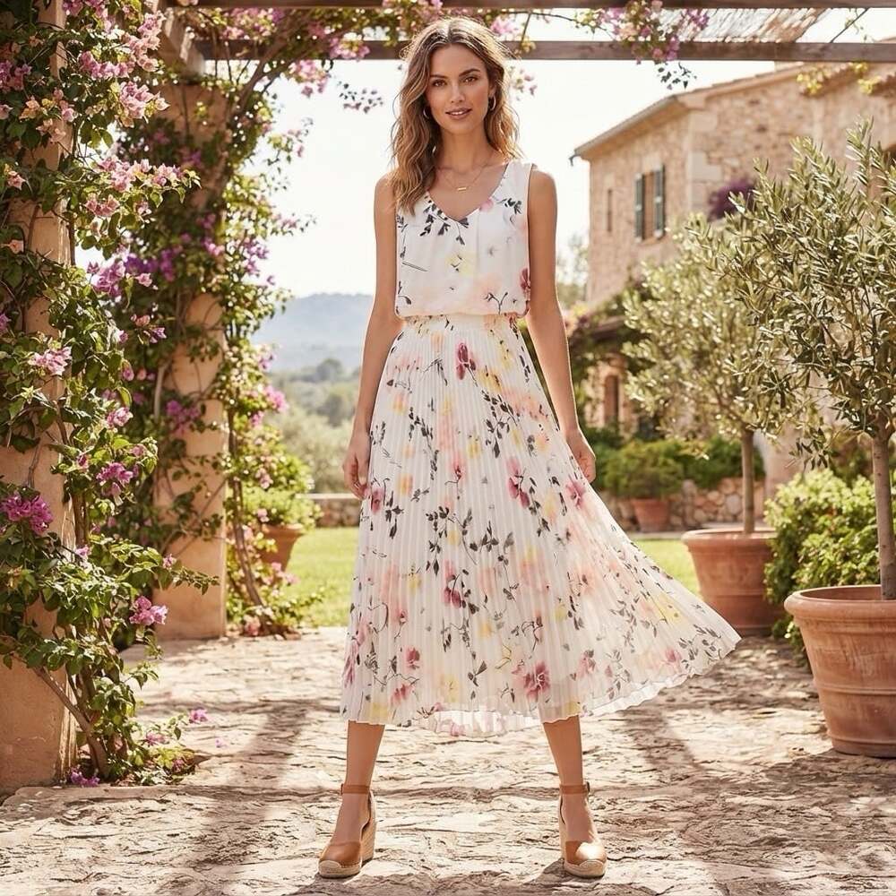 WHBM Sz 12 Chiffon White Garden Floral Pleated V-neck Midi Dress Ethereal